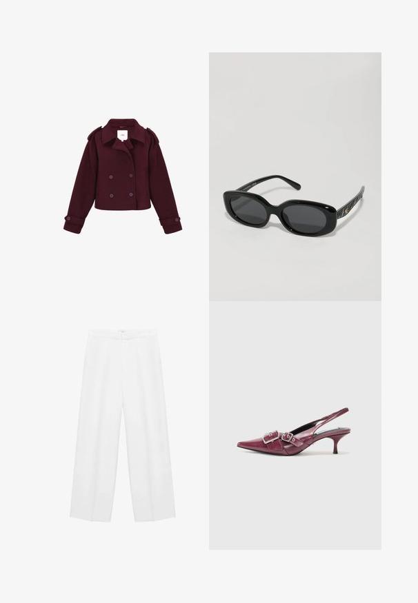 Giacca doppiopetto bordeaux realizzata in tessuto morbido, con spalline e bottoni grandi. Design corto con maniche lunghe.; Maglione color crema con colletto a scallop e dettagli in perline argentate. Realizzato in un tessuto morbido e testurizzato. Presenta maniche lunghe e una vestibilità rilassata.; Pantaloni bianchi a gamba larga con una texture morbida, caratterizzati da una vita alta e due tasche laterali. Design semplice senza motivi visibili.; Scarpa slingback in pelle bordeaux con punta affilata, tacco piccolo e doppi dettagli a fibbia. Texture liscia con dettagli cuciti.; Occhiali da sole neri con montatura ovale, lenti scure e materiale plastico lucido; bracci neri con texture presentano accenti del logo dorato.