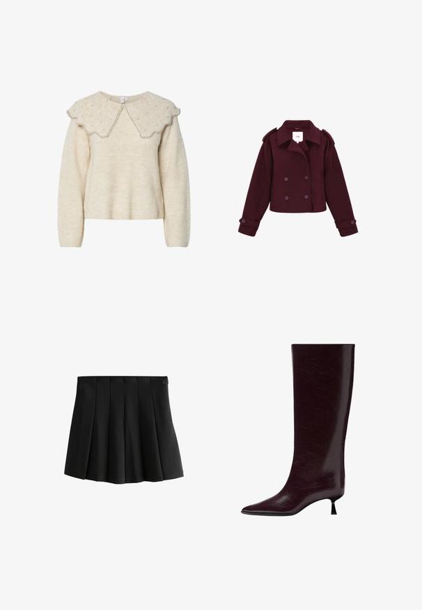 Burgundské dvouřadé sako vyrobené z měkké tkaniny s ramenními epauletami a velkými knoflíky. Krátký střih s dlouhými rukávy.; Krémový svetr s vlnitým límcem a stříbrnými korálky. Vyrobeno z texturované, jemné látky. Má dlouhé rukávy a volný střih.; Černá plisovaná mini sukně s hladkým pasem a strukturovanými obrácenými krabicovými plisováními, izolovaná na bílém pozadí.; Dlouhý až po kolena burgundský kožený bot s elegantním texturovaným povrchem, špičatou špičkou a tenkým, vrstveným podpatkem pro zvýšenou výšku.