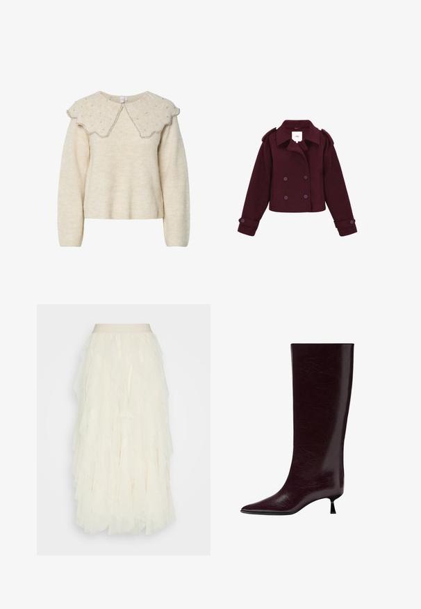 Bordeaux-farbene doppelt-knöpfte Jacke aus weichem Stoff mit Schulterklappen und großen Knöpfen. Kurz geschnittenes Design mit langen Ärmeln.; Cremfarbener Pullover mit gewelltem Kragen und silbernen Perlenakzenten. Hergestellt aus strukturiertem, weichem Stoff. Verfügt über lange Ärmel und eine lockere Passform.; Cremefarbener Tüllrock mit mehreren Volants. Verfügt über einen glatten Bund und eine strukturierte, transparente Oberfläche. Fällt bis zur Mitte der Wade.; Knöchelhoher burgunderfarbener Lederstiefel mit einer eleganten, strukturierten Oberfläche, spitzem Zehenbereich und einem dünnen, gestapelten Absatz für zusätzliche Höhe.