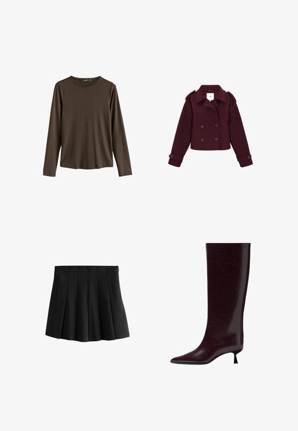 Burgundy double-breasted jacket made of soft fabric with shoulder epaulettes and large buttons. Cropped design with long sleeves.; Brown long-sleeve shirt made from smooth fabric. Features a round neckline and straight hem, with no visible patterns or accents.; Black pleated mini skirt with a smooth waistband and structured inverted box pleats, isolated on white background.; Knee-high burgundy leather boot with a sleek, textured finish, pointed toe, and a thin, stacked heel for added elevation.