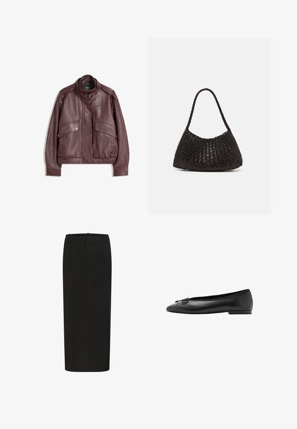 Dark maroon leather jacket with high collar, front snap-button pockets, zipper, and belt buckle closure at collar, laid flat on white background.; White short-sleeve t-shirt made from soft fabric, featuring a crew neckline and rolled cuffs, with a tag visible at the back.; Black pencil skirt with a straight silhouette, made of solid fabric, featuring front pleats and a low waistband. No visible fastenings.; Black leather ballet flats featuring a rounded toe, slim silhouette, and a decorative bow on the front. Low, rectangular heel.; DRAGON DIFFUSION ROSANNA - Handbag - dark brown