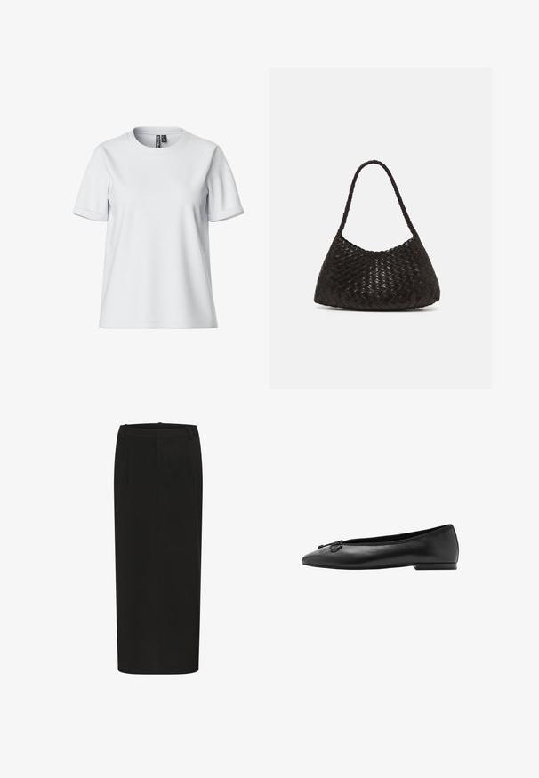 Ciemno bordowa skórzana kurtka z wysokim kołnierzem, przednimi kieszeniami na zatrzaski, zamkiem błyskawicznym i zapięciem na klamrę przy kołnierzu, leży płasko na białym tle.; Biała koszulka z krótkim rękawem, wykonana z miękkiego materiału, z okrągłym dekoltem i podwiniętymi mankietami, z widoczną metką z tyłu.; Czarna spódnica o prostym kroju, wykonana z jednolitego materiału, z fałdami z przodu i niskim stanem. Brak widocznych zapięć.; Czarne skórzane baletki z okrągłym noskiem, smukłą sylwetką i ozdobną kokardą z przodu. Niski, prostokątny obcas.; DRAGON DIFFUSION ROSANNA ciemnobrązowy