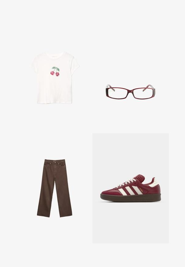 Ciemno bordowa skórzana kurtka z wysokim kołnierzem, przednimi kieszeniami na zatrzaski, zamkiem błyskawicznym i zapięciem na klamrę przy kołnierzu, leży płasko na białym tle.; Biała bawełniana koszulka z grafiką czerwonej wiśni z zielonymi liśćmi, krótki rękaw i okrągły dekolt. Miękka faktura, casualowy design.; Szerokie brązowe dżinsy wykonane z denimu, z wysokim stanem, przednimi kieszeniami i klasycznym zapięciem na guzik. Gładka faktura z subtelnym przeszyciem.; adidas Originals SAMBA XLG UNISEX brąz; Czerwone prostokątne okulary z eleganckim designem. Przezroczyste soczewki, lekko przezroczyste zauszniki oraz efekt gradientu od czerwonego do szarego.