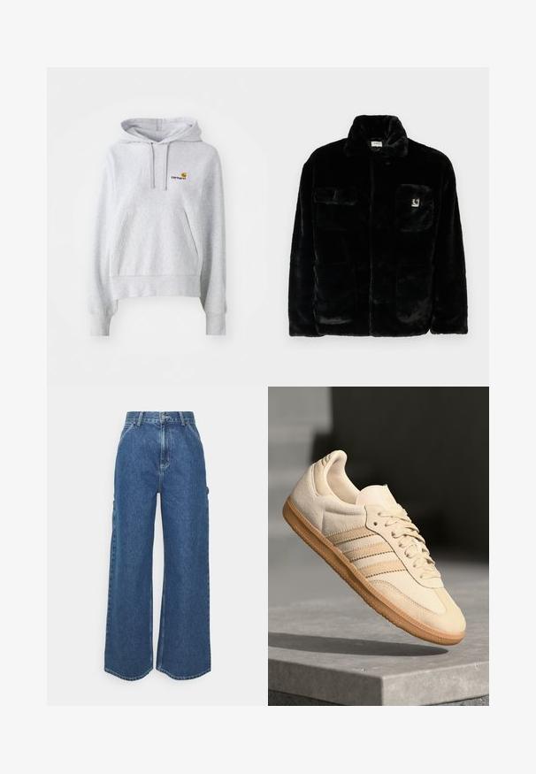 Černá bunda z umělé kožešiny s límcem, dvěma předními kapsami a malou nášivkou s logem na levém horním rohu. Měkká textura a volný střih.; Svetle šedá mikina s kapucí vyrobená z bavlněné směsi, s přední klokánkovou kapsou a malým vyšitým logem na hrudi.; Široké modré džíny s vysokým pasem, kontrastním šitím a postranními kapsami, které mají klasický design s pěti kapsami a rozstřižené lemy.; Světlé béžové semišové tenisky s gumovou podrážkou, třemi diagonálními pruhy a texturovanou špičkou. Na jazyku a boku se nachází logo.