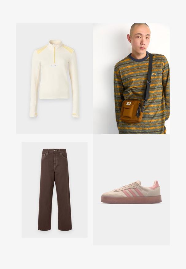 Fekete műszőrme dzseki gallérral, két elülső zsebbel és egy kis logóval a bal felső oldalon. Puha tapintás és laza fazon.; Fehér, hosszú ujjú pulóver magas gallérral, sárga díszítéssel a vállakon és kis cipzárral. A "ROXY" logó kék színben található rajta.; Barna, bővített lábú farmernadrág kontrasztos varrással, öt zsebbel és fémből készült gombos záródással. Sima textúra, egyenes szabás.; Beige velúr tornacipő világos rózsaszín kiegészítőkkel, texturált gumi talppal és három rózsaszín csíkkal az oldalukon. Kerek orrú és fűzős kialakítás.; Barna anyagú, cipzáros, keresztpántos táska elülső zsebbel; szürke és narancssárga csíkos, hosszú ujjú pólón viselve, logóval.