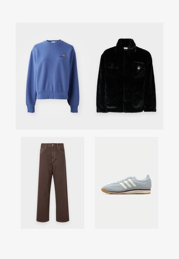 Black faux fur jacket with a collar, two front pockets, and a small logo patch on the upper left side. Soft texture and relaxed fit.; Blue sweatshirt made of cotton blend, featuring a crew neckline and ribbed cuffs. Embroidered logo on the chest in orange and red.; Brown wide-leg denim pants with contrasting stitching, five pockets, and a metal button closure. Smooth texture, straight cut.; Light blue suede sneaker with white three stripes, rubber sole, and textured mesh. Features a smooth toe cap and branding on the heel.