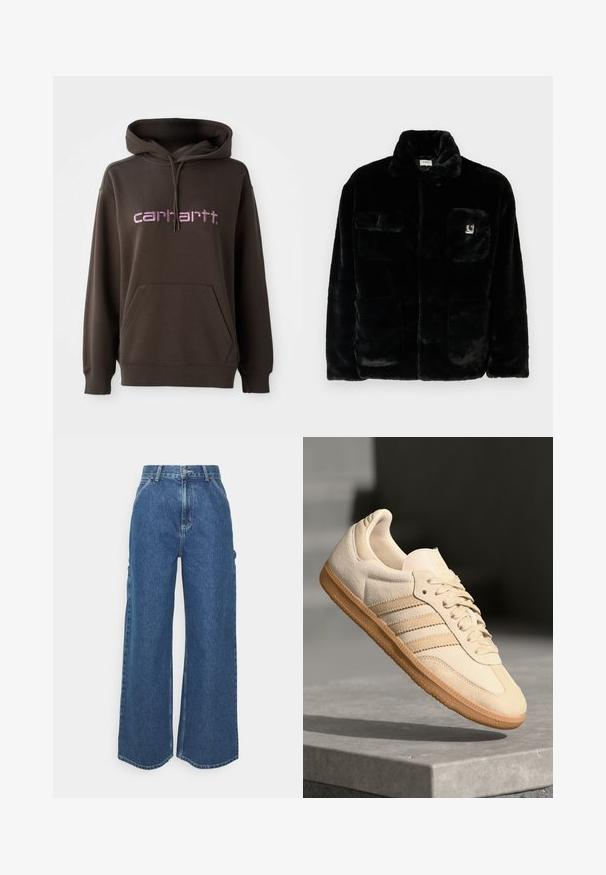 Black faux fur jacket with a collar, two front pockets, and a small logo patch on the upper left side. Soft texture and relaxed fit.; Brown hooded sweatshirt with a front kangaroo pocket, featuring pink lettering of the brand "carhartt." Made from soft fabric, textured finish.; Wide-leg blue denim trousers with a high waist, contrasting stitching, and side pockets, featuring a classic five-pocket design and raw hems.; Light beige suede sneaker with gum outsole, three diagonal stripes, and a textured toe cap. Features logo on the tongue and side.