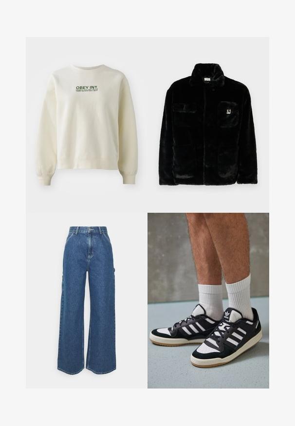 Sort faux fur jakke med krave, to forlommer og et lille logo-patch på venstre side. Blød tekstur og afslappet pasform.; Lyscreme sweatshirt lavet af blødt stof. Har et grønt "OBEY INT." logo over bynavnene. Behagelig pasform med ribbede ærmer.; Bredde ben blå denimbukser med høj talje, kontrastsyede sømme og sidelommer, med et klassisk fem-lomme design og rå kanter.; Sorte og hvide sneakers med en overdel i ruskind og læder, der har tre hvide striber, en perforeret tå og en sål i gummigummi.