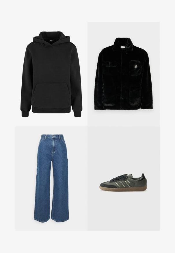 Giacca in pelliccia sintetica nera con colletto, due tasche frontali e una piccola toppa con logo sul lato sinistro in alto. Texture morbida e vestibilità rilassata.; Felpa nera realizzata in morbido tessuto, con tasca a marsupio, polsi a costine e cappuccio con coulisse. Design semplice e minimalista.; Pantaloni in denim blu a gamba larga con vita alta, cuciture a contrasto e tasche laterali, caratterizzati da un classico design a cinque tasche e orli grezzi.; adidas Originals SAMBA OG - Sneakers basse - core black/legend earth/gum