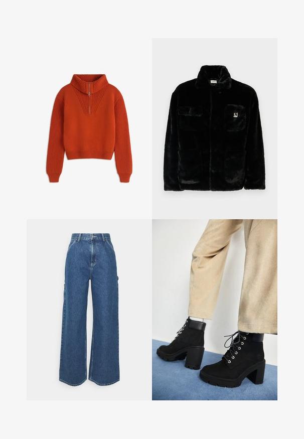 Čierna umelá kožušinová bunda s golierom, dvoma prednými vreckami a malou nášivkou na hornej ľavej strane. Mäkká textúra a uvoľnený strih.; Oranžový pletený sveter s vysokým golierom, polovičným zipsom a rebrovanými manžetami. Obsahuje textúrovaný vzor na pleciach a hladké telo. Krátky strih.; Dlhé modré džínsy so širokými nohavicami a vysokým pásom, s kontrastným prešívaním a bočnými vreckami, s klasickým dizajnom piatich vreciek a surovými lemami.; Čierne semišové členkové čižmy s hrubým opätkom, okrúhlou špičkou a striebornými očkami, s matným čiernym koženým golierom a textúrovanou podrážkou.