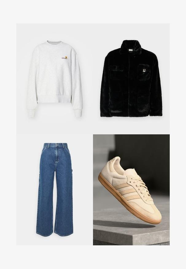 Juodas dirbtinio kailio švarkas su apykakle, dviem priekinėmis kišenėmis ir mažo logotipo užkulniu viršuje kairėje pusėje. Minkšta tekstūra ir laisvas kirpimas.; Pilkas megztinis su apvali kaklo išpjova, pagamintas iš minkštos medžiagos, su raukšlėmis ant rankovių ir apatinės dalies; krūtinėje yra siuvinėtas logotipas geltona ir vyno spalvos.; Plačios mėlynos džinsinės kelnes su aukštu juosmeniu, kontrastingais siūlais ir šoninėmis kišenėmis, turinčios klasikinį penkių kišenių dizainą ir brutalius kraštus.; Šviesiai ruda veliūrinė sportinė avalynė su guminiais padais, trimis įstrižomis juostelėmis ir tekstūruotu pirštų apsauginiu. Ant liežuvio ir šono yra logotipas.