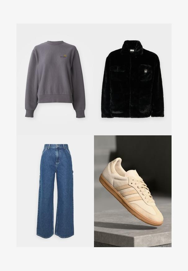Schwarze Kunstpelzjacke mit Kragen, zwei Fronttaschen und einem kleinen Logo-Patch auf der oberen linken Seite. Weicher Stoff und lässige Passform.; Grauer Pullover aus einem Baumwollmischgewebe. Verfügt über einen runden Halsausschnitt, gerippte Bündchen und ein kleines gesticktes Logo auf der Brust.; Weite blaue Denim-Hosen mit hoher Taille, kontrastierenden Nähten und Seitentaschen, ausgestattet mit einem klassischen Five-Pocket-Design und rohen Säumen.; Helle beigetöne Wildledersneaker mit Gumminsohle, drei schrägen Streifen und einer strukturierten Zehenkappe. Mit Logo auf der Zunge und der Seite.