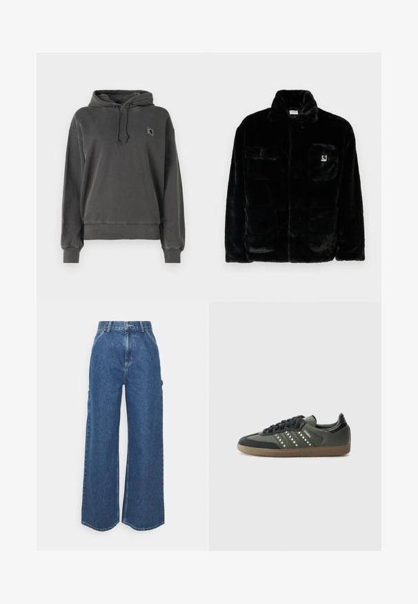 Černá bunda z umělé kožešiny s límcem, dvěma předními kapsami a malou nášivkou s logem na levém horním rohu. Měkká textura a volný střih.; Carhartt WIP HOODED NELSON - Mikina - graphite; Široké modré džíny s vysokým pasem, kontrastním šitím a postranními kapsami, které mají klasický design s pěti kapsami a rozstřižené lemy.; adidas Originals SAMBA OG - Tenisky - core black/legend earth/gum