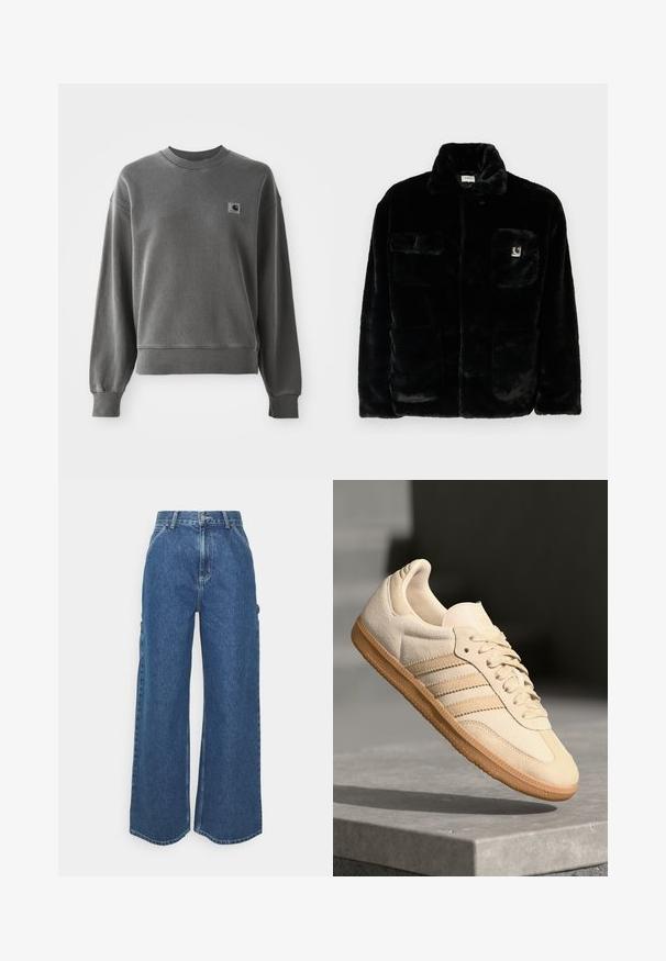Fekete műszőrme dzseki gallérral, két elülső zsebbel és egy kis logóval a bal felső oldalon. Puha tapintás és laza fazon.; Szürke pulóver, sima pamut keverékből, kerek nyakkal, bordázott mandzsettákkal és egy kis logóval a bal mellrészen.; Széles szárú, kék farmernadrág magas derékkal, kontrasztos varrással és oldalsó zsebekkel, klasszikus öt zsebes kialakítással és nyers szegéllyel.; Világos bézs velúr sportcipő, gumitalppal, három átlós csíkkal és texturált orral. A díszítés a nyelven és az oldalon található.