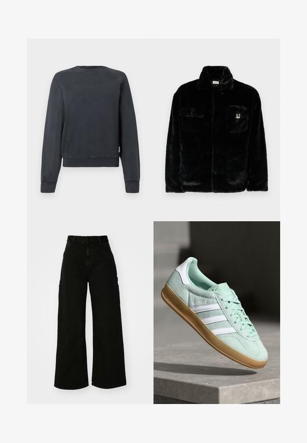 Fekete műszőrme dzseki gallérral, két elülső zsebbel és egy kis logóval a bal felső oldalon. Puha tapintás és laza fazon.; Sötétszürke pulóver, kerek nyakkivágással, raglán ujjakkal, bordás mandzsettákkal és aljúval. Simább felület, látható minták vagy díszítések nélkül.; Fekete, bő szárú cargo nadrág, denim anyagból, magas derékkal, elülső gombos záródással és oldalsó zsebekkel. Sima textúra minimális varrással.; Adidas Gazelle sneaker menta zöld velúrból, fehér díszítéssel, fűzős záródással és egy gumitalppal. Három fehér csíkkal rendelkezik.