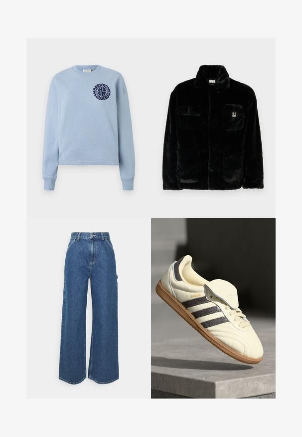 Sort faux fur jakke med krave, to forlommer og et lille logo-patch på venstre side. Blød tekstur og afslappet pasform.; Lysblå bomuldstrøje med lange ærmer og rund hals. Har et navy cirkulært grafisk design på venstre bryst. Blød tekstur.; Bredde ben blå denimbukser med høj talje, kontrastsyede sømme og sidelommer, med et klassisk fem-lomme design og rå kanter.; Cremefarvede lædersneakers med tre mørke striber, en brun gummisål og en afrundet tå. Har en foldbar tunge mærket "SAMBA."