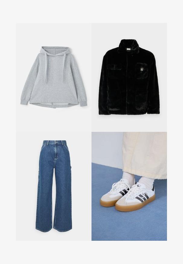 Svart fuskepelsjakke med krage, to forlommer og et lite logomerke på øvre venstre side. Myk tekstur og avslappet passform.; Lys grå hettegenser laget av mykt stoff, med en stor lomme foran, snor i hetta og lange ermer med tettsittende mansjetter.; Videbeinete blå denimbukser med høy midje, kontraststing, og sidelommer, med et klassisk fem-lommers design og rå kanter.; Hvite sneakers med svarte striper og beige semsket skinn-detaljer. Har en teksturert gummisåle og flate hvite snører, brukt med lyse sokker.