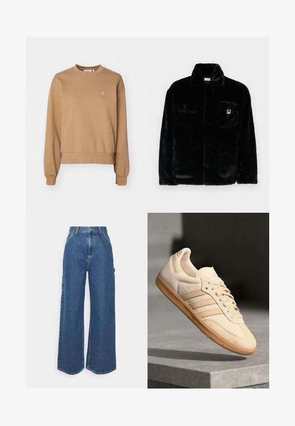 Črna umetna krznena jakna s ovratnikom, dvema sprednjima žepoma in majhnim logotipom na zgornji levi strani. Mehka tekstura in sproščen kroj.; Carhartt WIP CASEY - Športni pulover - peanut/silver; Široke modre denim hlače z visokim pasom, kontrastnim šivom in stranskimi žepi, ki vključujejo klasičen pet-džepni dizajn in robove brez obdelave.; Svetlo bež semišni športni copat z gumijastim podplatom, trije poševni trakovi in teksturiran zaščitni del. Vsebuje logotip na ježku in strani.