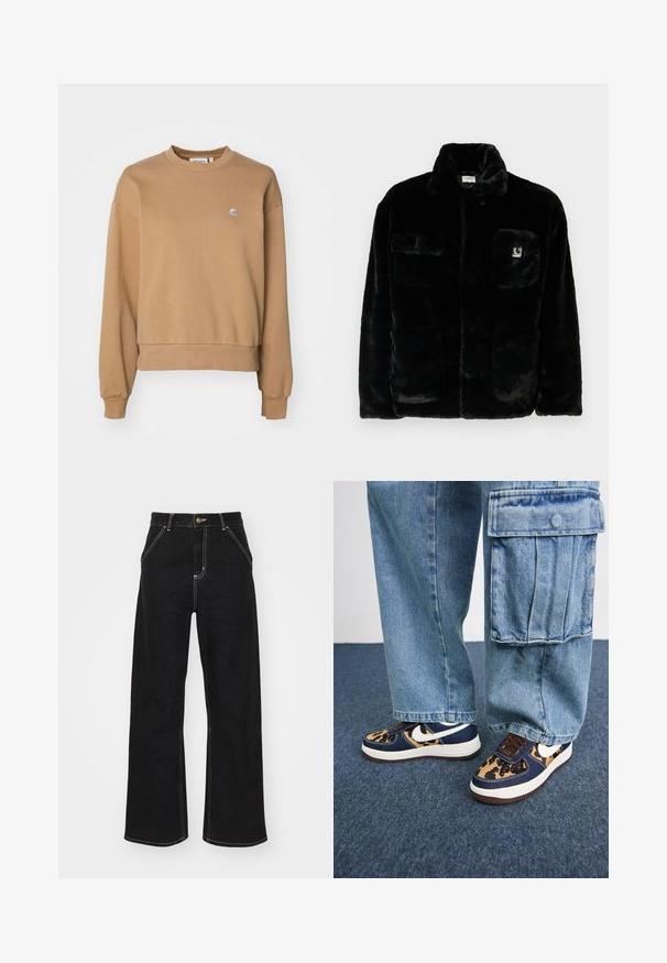 Svart fuskpälsjacka med krage, två framfickor och en liten logotyp på övre vänster sida. Mjuk textur och avslappnad passform.; Carhartt WIP CASEY - Sweatshirt - peanut/silver; Svarta vida jeans i denim, med kontrasterande vit sömnad och framknäppning, samt två snedställda framfickor.; Marinblå sneakers med leopardmönstrade detaljer, vit Nike-logga, bruna skosnören och vit mellansula. Matchas med lätta denim cargo-byxor.