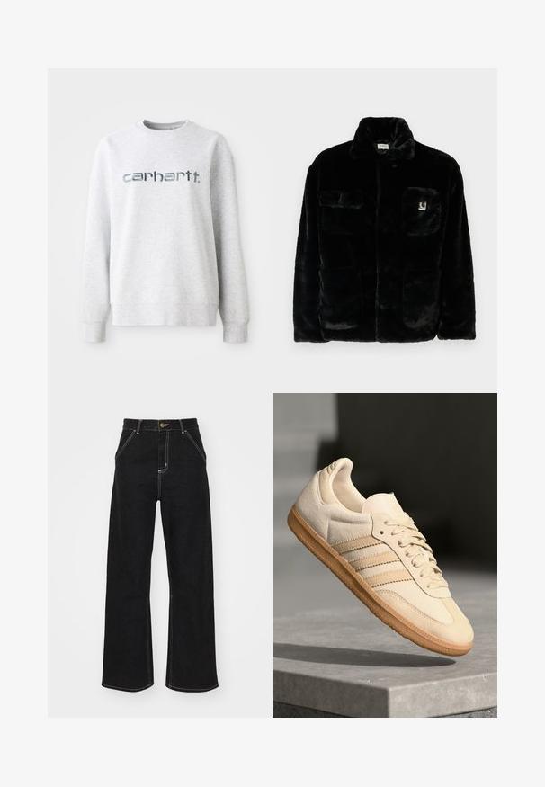 Zwarte nepbont jas met een kraag, twee voorzakken en een klein logo-opdruk op de bovenste linkerzijde. Zachte textuur en een ontspannen fit.; Grijze katoenen sweatshirt met een ronde hals, geribbelde manchetten en een groot, reflecterend "carhartt" logo op de voorkant.; Zwarte wijde jeans van denim, met contrasterende witte stiksels en een sluiting met knoop aan de voorkant, voorzien van twee schuin geplaatste zakken aan de voorkant.; Lichtbeige suède sneaker met een gumrubberen buitenzool, drie diagonale strepen en een textuur op de neus. Voorzien van een logo op de tong en de zijkant.