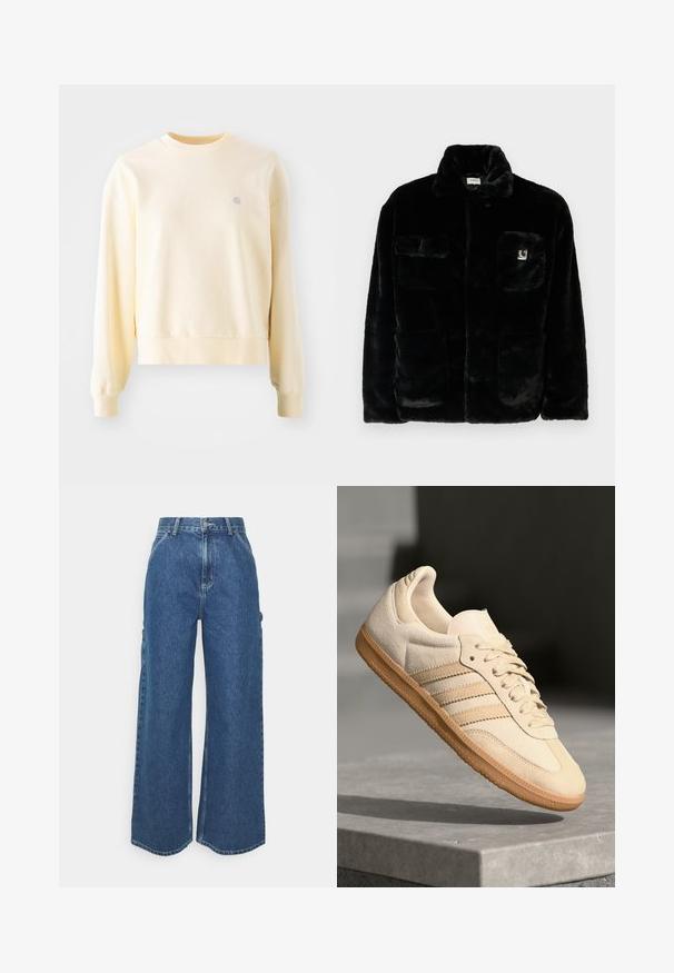 Svart fuskepelsjakke med krage, to forlommer og et lite logomerke på øvre venstre side. Myk tekstur og avslappet passform.; Lys gul hettegenser med lang ermer, rund hals, ribbestrikkede mansjetter og en liten logo på brystet. Laget av mykt, teksturert stoff.; Videbeinete blå denimbukser med høy midje, kontraststing, og sidelommer, med et klassisk fem-lommers design og rå kanter.; Lys beige suedette sneakers med gummisåle, tre diagonale striper og en teksturert tåhette. Har logo på tungen og siden.