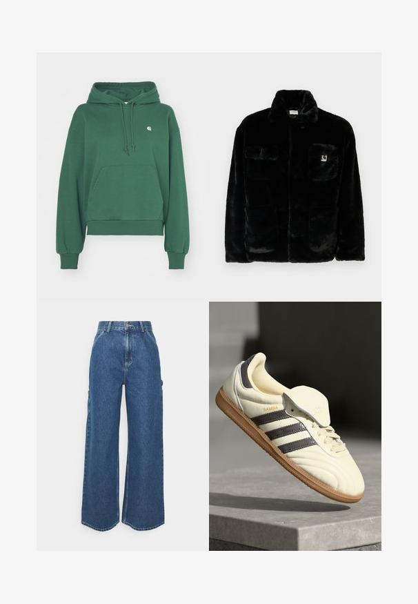 Czarna kurtka z futra syntetycznego z kołnierzem, dwoma przednimi kieszeniami i małą naszywką z logo na górze po lewej stronie. Miękka tekstura i luźny krój.; Carhartt WIP CASEY zielony; Szerokie niebieskie dżinsowe spodnie z wysokim stanem, kontrastowymi szwami i bocznymi kieszeniami, z klasycznym pięciokieszeniowym wzorem i surowymi brzegami.; Kremowe skórzane trampki z trzema ciemnymi paskami, brązową gumową podeszwą i zaokrąglonym noskiem. Posiadają składany język z napisem "SAMBA".