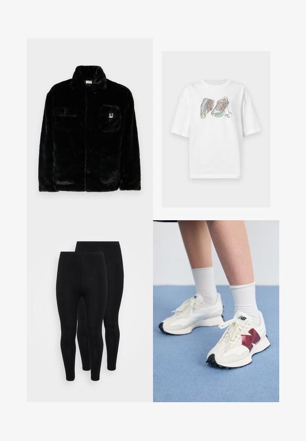 Black faux fur jacket with a collar, two front pockets, and a small logo patch on the upper left side. Soft texture and relaxed fit.; White t-shirt featuring a colorful graphic of two sneakers with pink and green accents, drawn in a line-art style.; Black leggings, made of stretchy fabric, feature a fitted design. They have a smooth texture and an elastic waistband. Two pairs displayed.; Pair of white sneakers with maroon accents, textured panels, flat black outsole, and light laces, worn with white ankle socks.