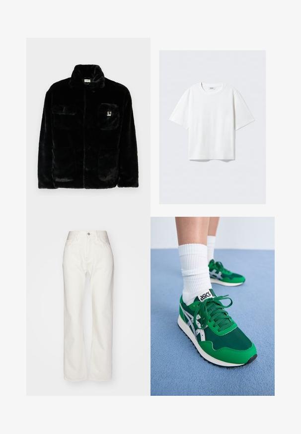 Svart fuskpälsjacka med krage, två framfickor och en liten logotyp på övre vänster sida. Mjuk textur och avslappnad passform.; Vit kortärmad t-shirt i mjuk bomull, med rund halsringning och avslappnad passform med rak fåll, enfärgad utan mönster eller grafik.; Vita denimbyxor med hög midja och vida ben. Har en knapp- och dragkedjeslutning, bältesloopar och subtila sömdetaljer.; Gröna mesh- och syntetsneakers med vita accenter och svart gummisul. Har snörning, vadderad krage och ASICS-logotyp på tungan.