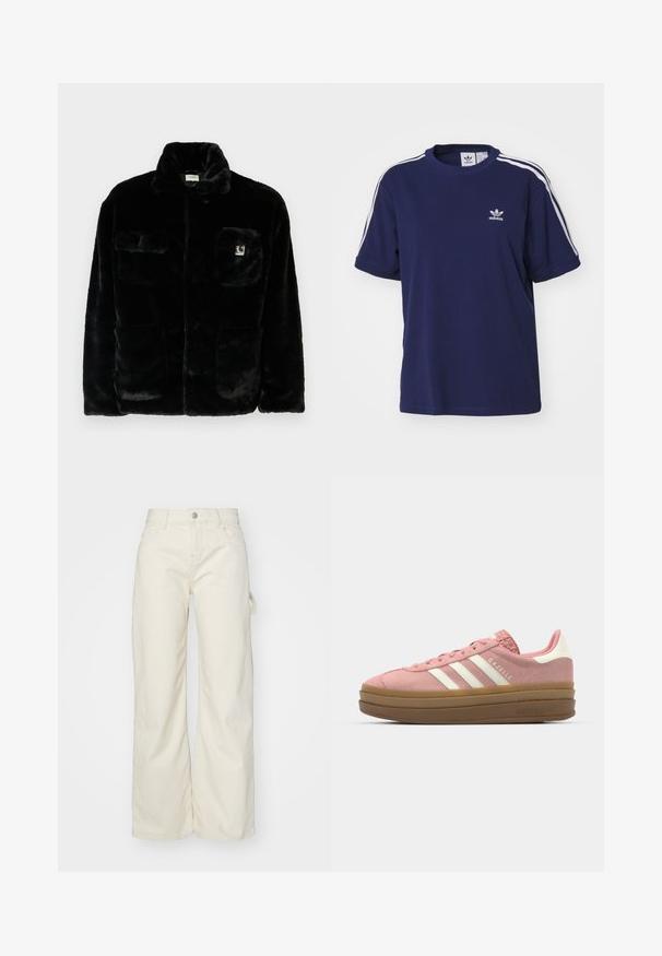 Zwarte nepbont jas met een kraag, twee voorzakken en een klein logo-opdruk op de bovenste linkerzijde. Zachte textuur en een ontspannen fit.; adidas Originals 3 STRIPE - T-shirt print - dark blue; Wijde broek in lichtbeige stof, met een hoge taille, voorzakken en een zijlusdetail voor extra functionaliteit.; adidas Originals GAZELLE BOLD - Sneakers laag - mauve/off white
