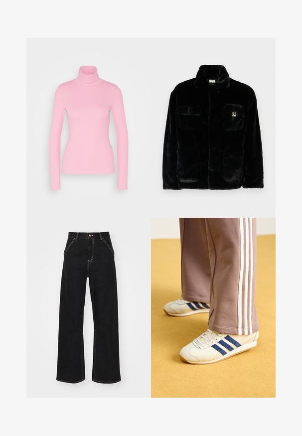 Fekete műszőrme dzseki gallérral, két elülső zsebbel és egy kis logóval a bal felső oldalon. Puha tapintás és laza fazon.; Even&Odd Hosszú ujjú felső - pink; Fekete, széles szárú farmernadrág, kontrasztos fehér varrással és elülső gombos záródással, két ferde elülső zsebbel.; Krém színű sneakers, kék velúr csíkokkal, fehér fűzővel és gumitalppal. Szürke melegítőnadrággal párosítva, fehér oldalsó csíkokkal.