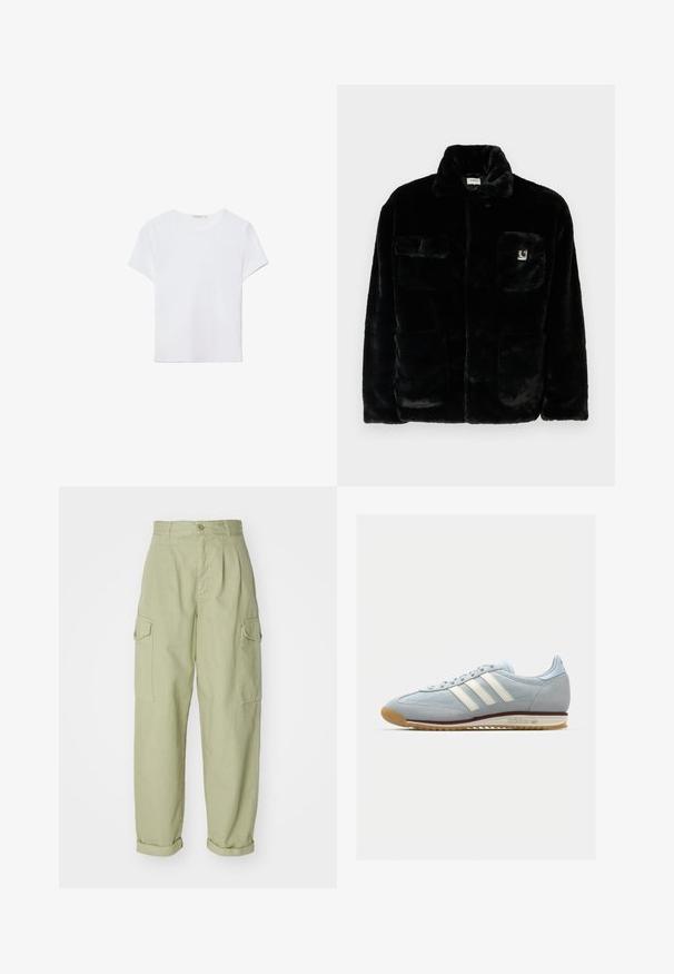 Czarna kurtka z futra syntetycznego z kołnierzem, dwoma przednimi kieszeniami i małą naszywką z logo na górze po lewej stronie. Miękka tekstura i luźny krój.; Biała koszulka z krótkim rękawem wykonana z miękkiego materiału. Posiada okrągły dekolt oraz prosty, minimalistyczny design z prostym dołem.; Jasnozielone spodnie cargo wykonane z bawełnianej tkaniny. Charakteryzują się wysokim stanem, podwiniętymi mankietami oraz dwiema bocznymi kieszeniami cargo dla zwiększonej użyteczności.; Jasnoniebieskie zamszowe sneakersy z białymi trzema paskami, gumową podeszwą i teksturowaną siateczką. Posiadają gładki czubek oraz logo na pięcie.