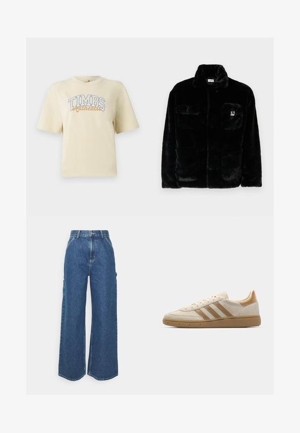 Juodas dirbtinio kailio švarkas su apykakle, dviem priekinėmis kišenėmis ir mažo logotipo užkulniu viršuje kairėje pusėje. Minkšta tekstūra ir laisvas kirpimas.; Kreminė trumpomis rankovėmis marškinių su užrašu "TIMBS Authentic" mėlynos ir aukso spalvos rašmenimis. Pagaminta iš minkštos medvilnės, su laisvu kirpimu.; Plačios mėlynos džinsinės kelnes su aukštu juosmeniu, kontrastingais siūlais ir šoninėmis kišenėmis, turinčios klasikinį penkių kišenių dizainą ir brutalius kraštus.; Šviesiai rudos zomšos sportiniai bateliai su šviesiai rudo atspalvio akcentais. Turi tris rudas juosteles, tekstūruotą gumos padą ir apvalią noselę.