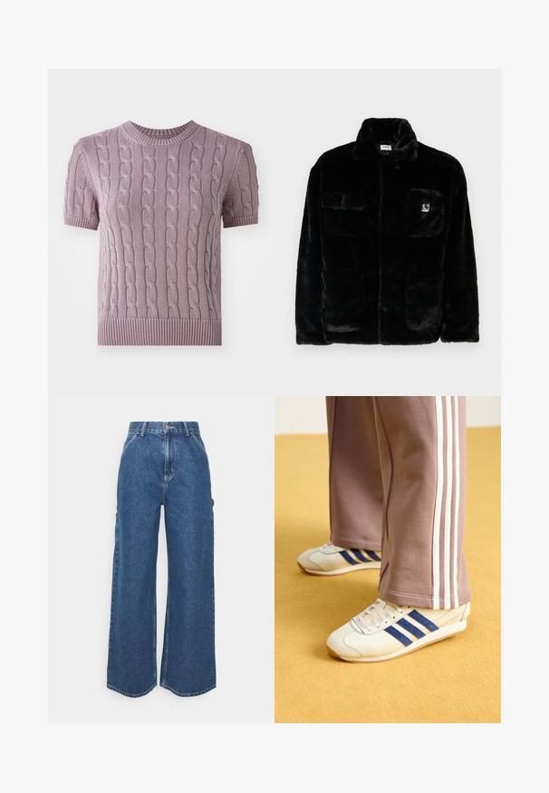Fekete műszőrme dzseki gallérral, két elülső zsebbel és egy kis logóval a bal felső oldalon. Puha tapintás és laza fazon.; Rövid ujjú, fonott mintás pulóver világoslila színben. Bordás nyakkivágással és aljjal rendelkezik, a testen texturált mintázattal.; Széles szárú, kék farmernadrág magas derékkal, kontrasztos varrással és oldalsó zsebekkel, klasszikus öt zsebes kialakítással és nyers szegéllyel.; Krém színű sneakers, kék velúr csíkokkal, fehér fűzővel és gumitalppal. Szürke melegítőnadrággal párosítva, fehér oldalsó csíkokkal.