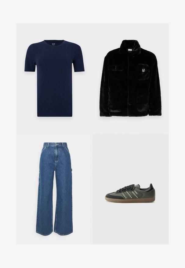 Must have kunstkarva jope kraega, kahe esikotiga ja väikese logo kleebisega vasakul ülal. Pehme tekstuur ja lõdva lõikega.; Tumesinine lühikeste varrukatega T-särk klassikalise ümmarguse kaelusega, valmistatud pehmest puuvillakangast. Omab regulaarset lõiget ja sirgeid ääri, tagades mugava disaini.; Laiene jalad sinised denim püksid kõrge vöökohaga, kontrastsete õmblustega ja küljetaskutega, klassikalise viie taskuga disainiga ja toore servaga.; adidas Originals SAMBA OG - Tossud - core black/legend earth/gum