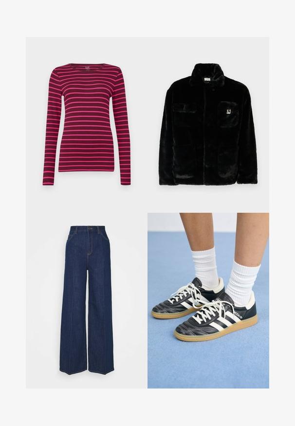 Zwarte nepbont jas met een kraag, twee voorzakken en een klein logo-opdruk op de bovenste linkerzijde. Zachte textuur en een ontspannen fit.; GAP CREW - Longsleeve - burgundy; Hoge taille wijdvallende donkerblauwe denim jeans met voor- en achterzakken, knoopsluiting en zichtbare stikseldetails.; Zwarte leren sneakers met witte strepen, ronde neus, witte veters en een gumrubberen zool. Versterkt met een gevoerd kraag en merkdetails.