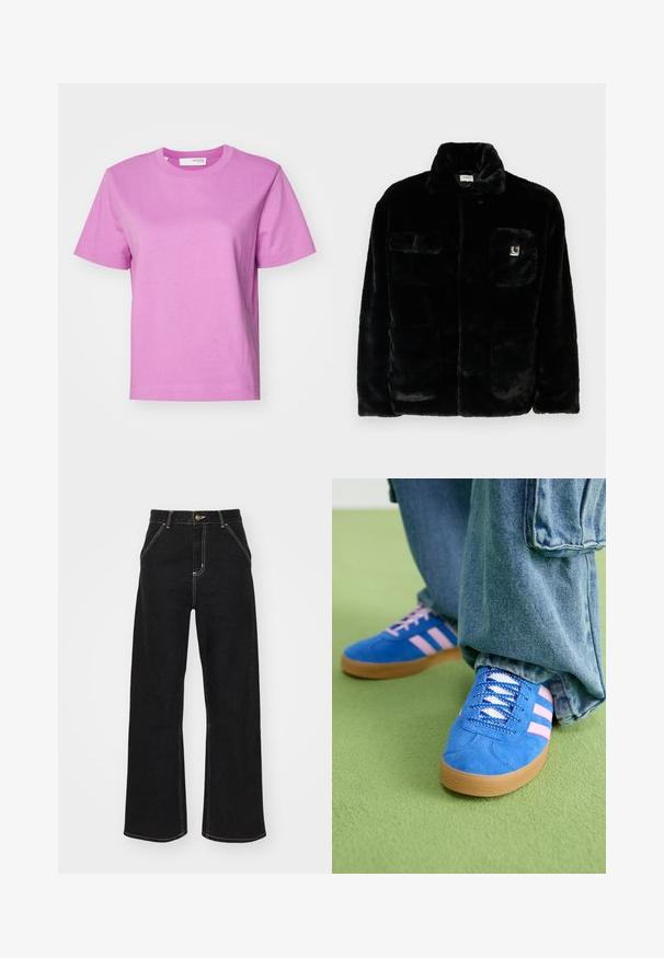 Jachetă din blană artificială neagră cu guler, două buzunare frontale și un mic patch cu logo în partea stângă sus. Textură moale și croială relaxată.; Tricou cu mânecă scurtă și decolteu rotund, de culoare roz deschis solid, fabricat din bumbac, cu o textură netedă și o croielă dreaptă. Design simplu, fără accente suplimentare.; Jeans negri, cu pantaloni evazați, din denim, caracterizându-se prin cusături albe contrastante și închidere cu un nasture în față, având două buzunare frontale înclinate.; Pantofi din piele întoarsă albaștri cu dungi roz și șireturi albe, având o talpă din cauciuc gumat, asortați cu pantaloni din denim largi pe o suprafață verde.