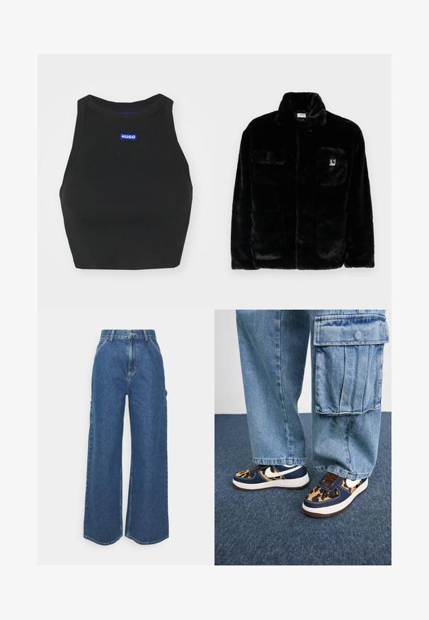 Fekete műszőrme dzseki gallérral, két elülső zsebbel és egy kis logóval a bal felső oldalon. Puha tapintás és laza fazon.; Fekete bordázott crop top magas nyakkivágással, az elején kék "HUGO" logóval. Az anyag texturált és testhezálló.; Széles szárú, kék farmernadrág magas derékkal, kontrasztos varrással és oldalsó zsebekkel, klasszikus öt zsebes kialakítással és nyers szegéllyel.; Tengerészes kék sportcipő leopárdmintás részletekkel, fehér Nike logóval, barna fűzőkkel és fehér középtalppal. Világoskék farmer térdnadrággal párosítva.
