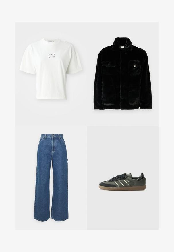 Sort faux fur jakke med krave, to forlommer og et lille logo-patch på venstre side. Blød tekstur og afslappet pasform.; Hvid cropped t-shirt lavet af bomuld, med korte ærmer, rund hals og et sort trykt logo, der står "CPH STUDIOS" på fronten.; Bredde ben blå denimbukser med høj talje, kontrastsyede sømme og sidelommer, med et klassisk fem-lomme design og rå kanter.; adidas Originals SAMBA OG - Sneakers - core black/legend earth/gum