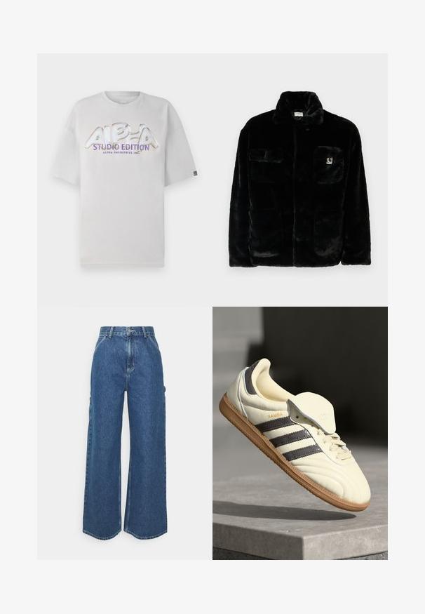 Svart fuskepelsjakke med krage, to forlommer og et lite logomerke på øvre venstre side. Myk tekstur og avslappet passform.; Hvit t-skjorte med kort erm og rund hals, med en glanset, flerfarget "ALPHA STUDIO EDITION" logo over forsiden.; Videbeinete blå denimbukser med høy midje, kontraststing, og sidelommer, med et klassisk fem-lommers design og rå kanter.; Kremfargede lær sneakers med tre mørke striper, en brun gummisåle og en avrundet tå. Har en sammenleggbar tunga merket "SAMBA."