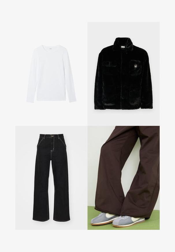 Černá bunda z umělé kožešiny s límcem, dvěma předními kapsami a malou nášivkou s logem na levém horním rohu. Měkká textura a volný střih.; Bílé dlouhé rukávy triko vyrobené z hladké bavlny, s kulatým výstřihem a bez vzorů či ozdob. Klasický, minimalistický design.; Černé široké džínsy vyrobené z denimu, s kontrastním bílým prošitím a předním zapínáním na knoflík, se dvěma šikmými předními kapsami.; Hnědé kalhoty širokého střihu s hladkým povrchem a detaily po stranách, spárované se šedobílými retro teniskami s gumovou podrážkou.