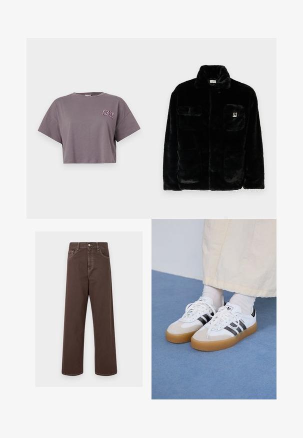 Must have kunstkarva jope kraega, kahe esikotiga ja väikese logo kleebisega vasakul ülal. Pehme tekstuur ja lõdva lõikega.; Lühendatud hall T-särk, mis on valmistatud puuvillast. Sellel on ümar kaelus ja lühikesed varrukad. Ees vasakul on värviline tekstilogo "OZZY OSBOURNE".; Pruunid laiad denimipüksid kontrastsete õmblustega, viie tasku ja metallnupuga sulgu. Sile tekstuur, sirge lõige.; Valged tossud mustade triipudega ja beeži nahaga aktsentidega. Omavad tekstuuriga kummist talla ja lamedaid valgeid paelu, kantud heledate sokkidega.