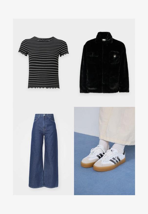 Veste en fausse fourrure noire avec un col, deux poches avant et un petit patch logo sur le côté supérieur gauche. Texture douce et coupe décontractée.; Haut noir à manches courtes côtelé avec des rayures horizontales blanches. Des détails à bords festonnés au niveau des poignets et de l'encolure renforcent son design. Convient pour un look décontracté.; Jean large en denim bleu foncé. Conception taille haute avec fermeture éclair et bouton. Présente une coupe classique à cinq poches et des bords ourlés.; Baskets blanches avec des rayures noires et des accents en daim beige. Elles présentent une semelle en gomme texturée et des lacets plats blancs, portées avec des chaussettes claires.