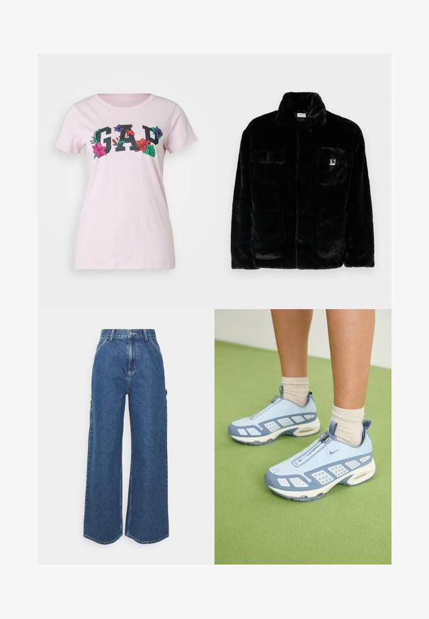 Black faux fur jacket with a collar, two front pockets, and a small logo patch on the upper left side. Soft texture and relaxed fit.; GAP TEE - Print T-shirt - light peony; Wide-leg blue denim trousers with a high waist, contrasting stitching, and side pockets, featuring a classic five-pocket design and raw hems.; Light blue athletic shoes with white accents, textured panels, and a zip closure. Features a visible air cushioning sole and rubber outsole.