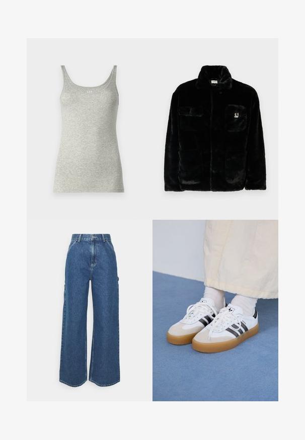 Černá bunda z umělé kožešiny s límcem, dvěma předními kapsami a malou nášivkou s logem na levém horním rohu. Měkká textura a volný střih.; Šedý tílko vyrobené z měkké jersey tkaniny, s kulatým výstřihem a tenkými ramínky. Minimalistický design bez vzorů nebo akcentů.; Široké modré džíny s vysokým pasem, kontrastním šitím a postranními kapsami, které mají klasický design s pěti kapsami a rozstřižené lemy.; Bílé tenisky s černými pruhy a béžovými semišovými akcenty. Mají texturovanou gumovou podrážku a ploché bílé tkaničky, nošeny s světlými ponožkami.