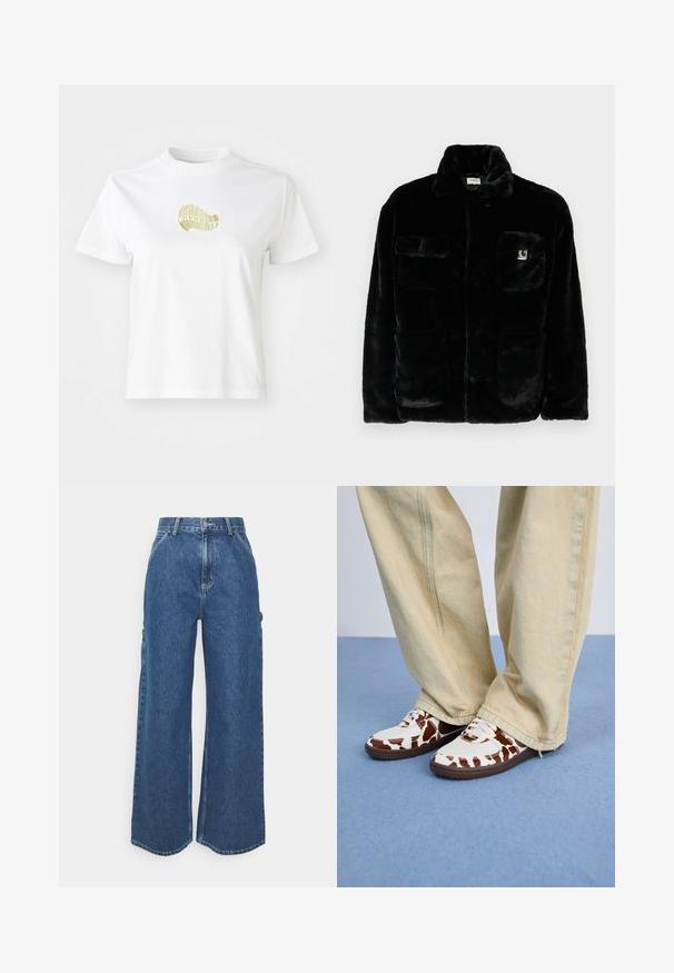 Juodas dirbtinio kailio švarkas su apykakle, dviem priekinėmis kišenėmis ir mažo logotipo užkulniu viršuje kairėje pusėje. Minkšta tekstūra ir laisvas kirpimas.; Balta medvilnės marškinėliai su geltonu grafiniu dizainu priekyje. Apvalus neišplėstas kaklas, trumpi rankovės ir laisvas pažas. Lygi tekstūra.; Plačios mėlynos džinsinės kelnes su aukštu juosmeniu, kontrastingais siūlais ir šoninėmis kišenėmis, turinčios klasikinį penkių kišenių dizainą ir brutalius kraštus.; Balti ir rudi raštuoti sportbačiai su tinkliniu audiniu ir oda, su rudais guminiais padu. Suderinti su šviesiai smėlinėmis plačiomis kelnėmis.