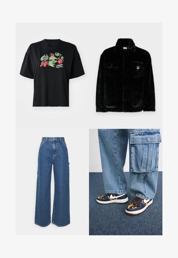 Veste en fausse fourrure noire avec un col, deux poches avant et un petit patch logo sur le côté supérieur gauche. Texture douce et coupe décontractée.; T-shirt noir à manches courtes avec un graphique coloré de fruits et de feuilles à l'avant, avec le texte imprimé "Cargart WIP Cream of the crop."; Pantalons en denim bleu à jambes larges avec taille haute, couture contrastée et poches latérales, présentant un design classique à cinq poches et des ourlets bruts.; Baskets bleu marine avec des accents en imprimé léopard, un swoosh Nike blanc, des lacets marron et une semelle intermédiaire blanche. Associées à un pantalon cargo en denim clair.
