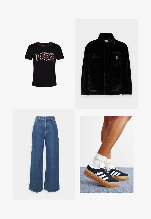 Black faux fur jacket with a collar, two front pockets, and a small logo patch on the upper left side. Soft texture and relaxed fit.; Black cotton t-shirt with brown ribbed collar. Features "SINCE 1952" in white and red text. Casual fit with short sleeves.; Wide-leg blue denim trousers with a high waist, contrasting stitching, and side pockets, featuring a classic five-pocket design and raw hems.; Black suede sneakers with white stripes and accents, rounded toe, gum rubber outsole, paired with white ribbed crew socks.