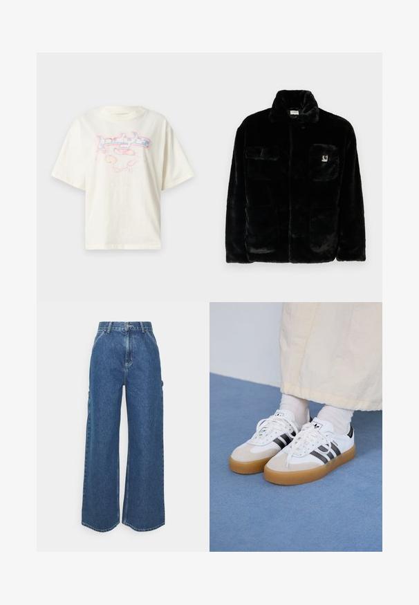 Black faux fur jacket with a collar, two front pockets, and a small logo patch on the upper left side. Soft texture and relaxed fit.; Cream cotton t-shirt with short sleeves, a round neck, and a pink and blue graphic print on the front, featuring abstract designs and stars.; Wide-leg blue denim trousers with a high waist, contrasting stitching, and side pockets, featuring a classic five-pocket design and raw hems.; White sneakers with black stripes and beige suede accents. Feature a textured gum sole and flat white laces, worn with light-colored socks.