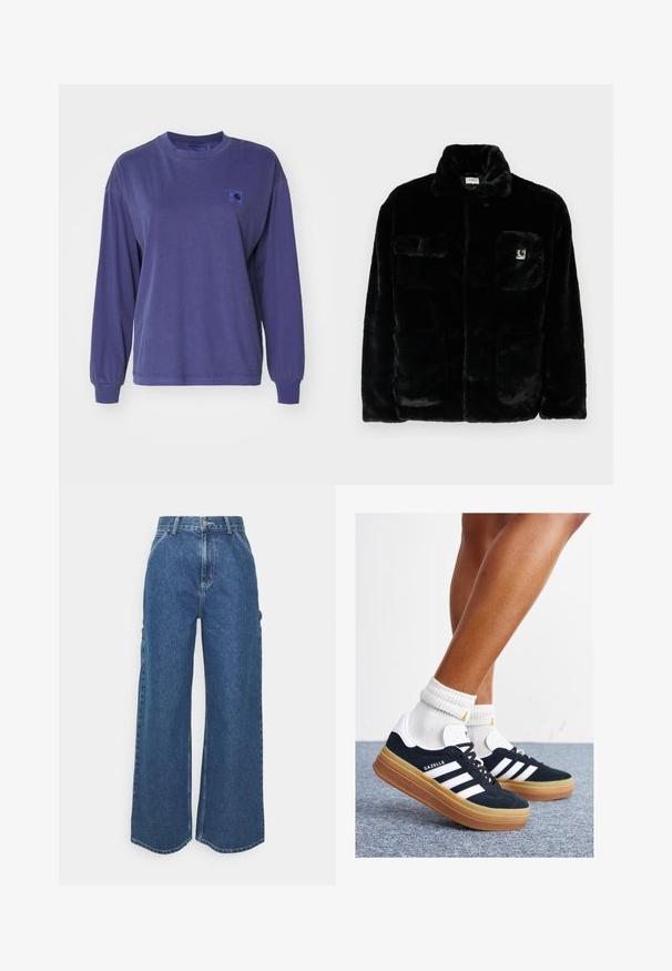Black faux fur jacket with a collar, two front pockets, and a small logo patch on the upper left side. Soft texture and relaxed fit.; Carhartt WIP NELSON - Long sleeved top - aura garment dyed; Wide-leg blue denim trousers with a high waist, contrasting stitching, and side pockets, featuring a classic five-pocket design and raw hems.; Black suede sneakers with white stripes and accents, rounded toe, gum rubber outsole, paired with white ribbed crew socks.