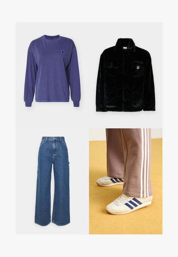 Svart fuskepelsjakke med krage, to forlommer og et lite logomerke på øvre venstre side. Myk tekstur og avslappet passform.; Carhartt WIP NELSON - Topper langermet - aura garment dyed; Videbeinete blå denimbukser med høy midje, kontraststing, og sidelommer, med et klassisk fem-lommers design og rå kanter.; Kremfargede sneakers med blå semsket skinnstriper, hvite snørebånd og gummisåle. Kombinert med grå joggebukser med hvite sidestriper.